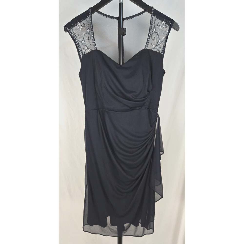 VTG Stenay Dark Navy Ruched Cocktail Dress Sz 8 Beaded Sheer Shoulders Ruffle